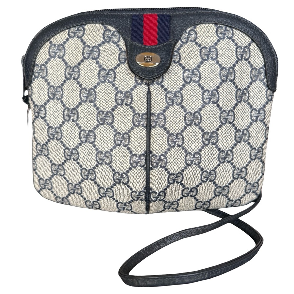 GUCCI GG Supreme Sherry Line Shoulder Bag PVC/Leather Navy Gold 89 02 047